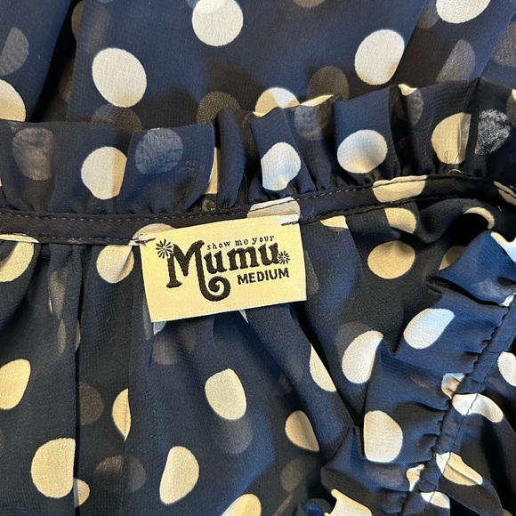 Show Me Your Mumu Alicia Tunic Button Down Shirt SZ Medium Navy Polka Dot Sheer - Picture 7 of 8